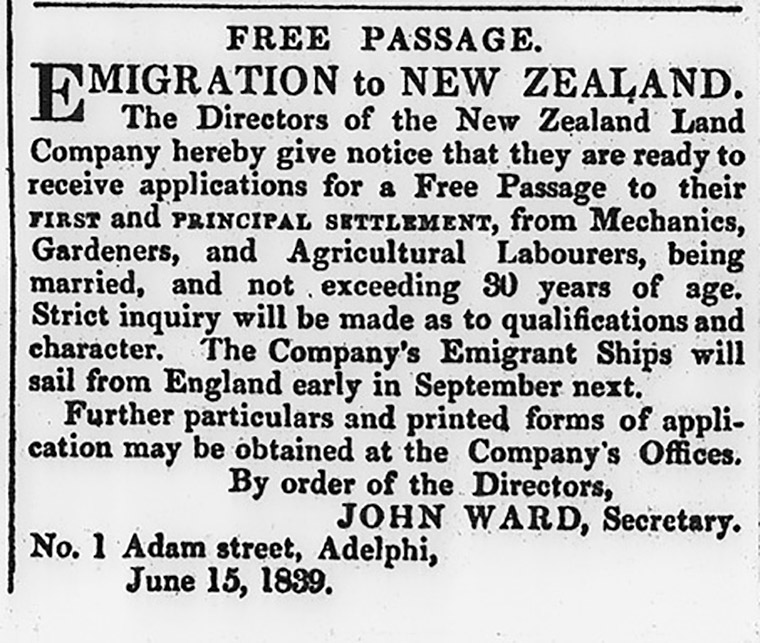 Scan of an emigration advertisement from the New Zealand company.