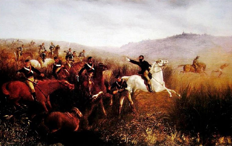 Painting of soldiers on horseback charging across a tussock grass landscape.