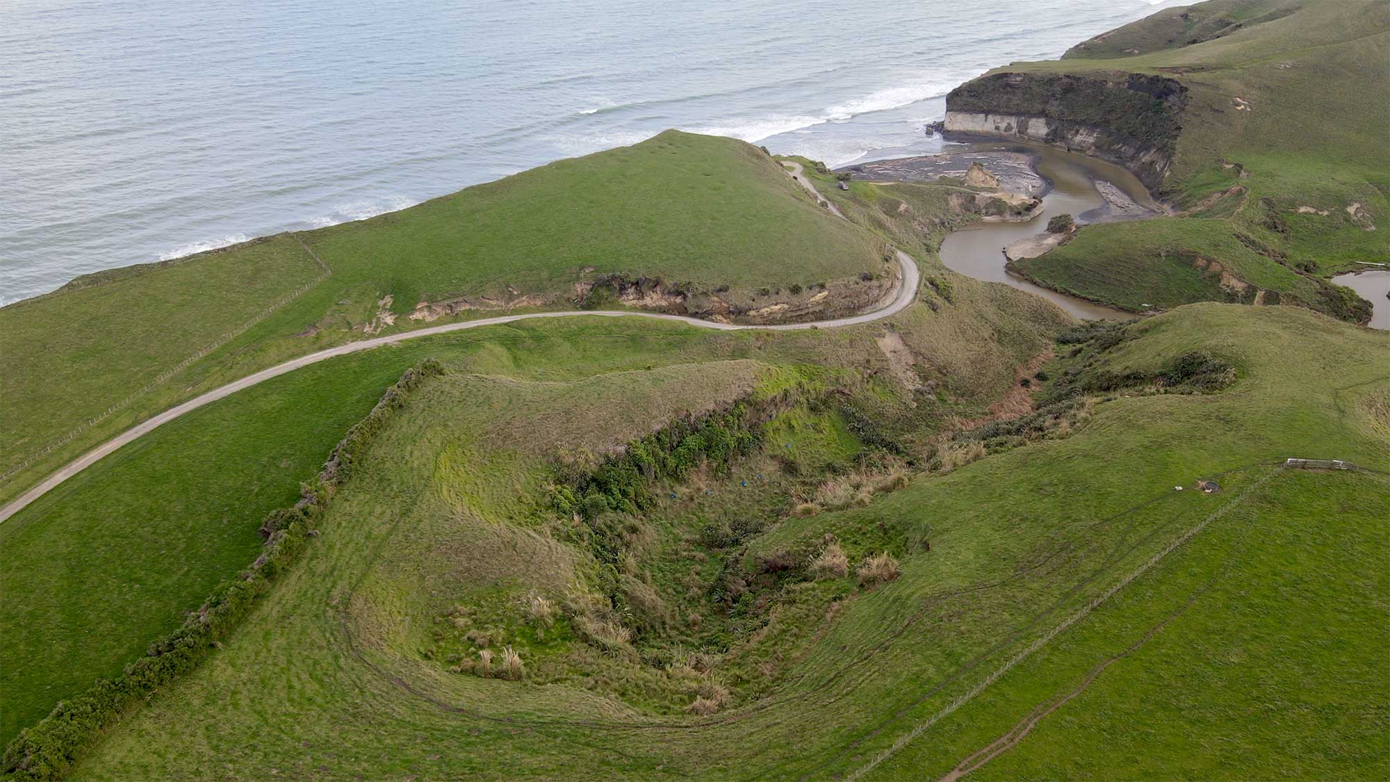 Manawapou from above, showing green hills and beach
