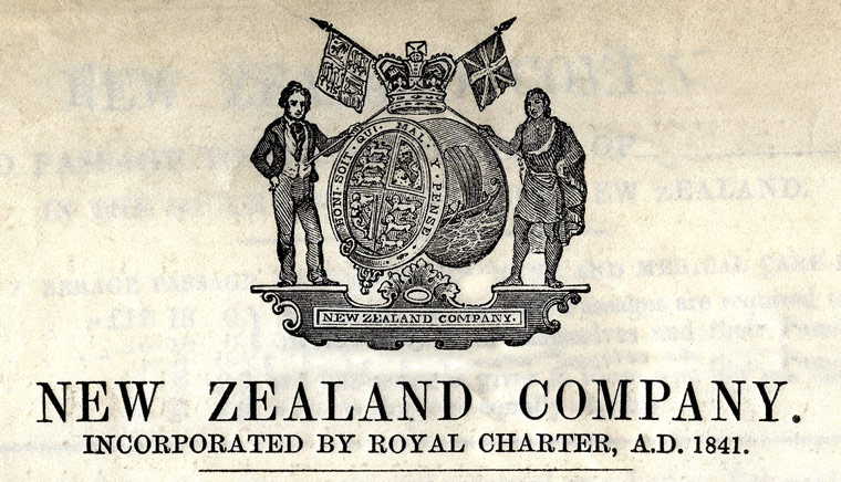 Scan of a New Zealand company pamphlet showing the logo of two shield and flags with two figures on either side.