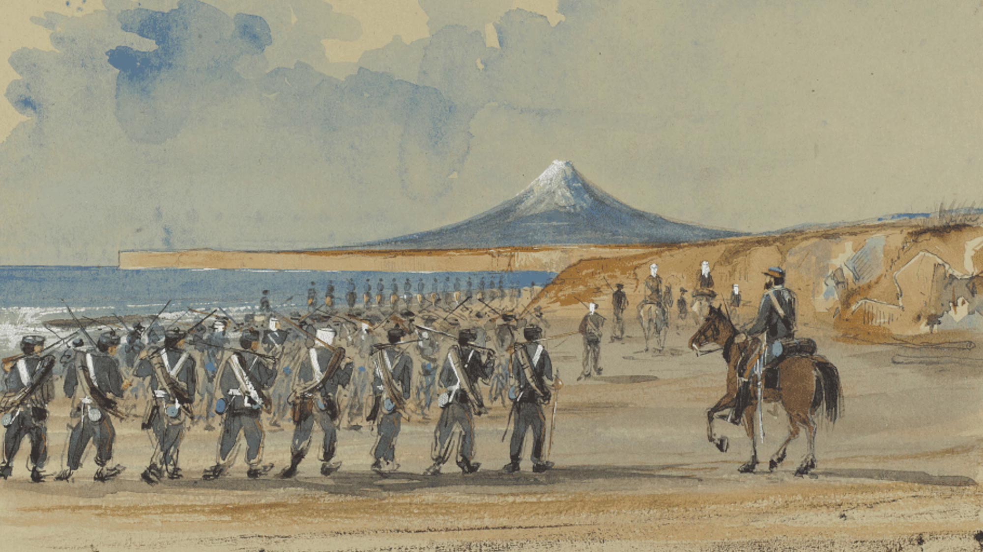 Painting of soldiers on a beach with Mt. Taranaki in the background.