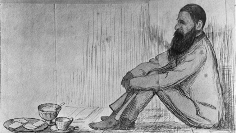 Charcoal drawing of Titokowaru sat on the ground next to bowls of food.