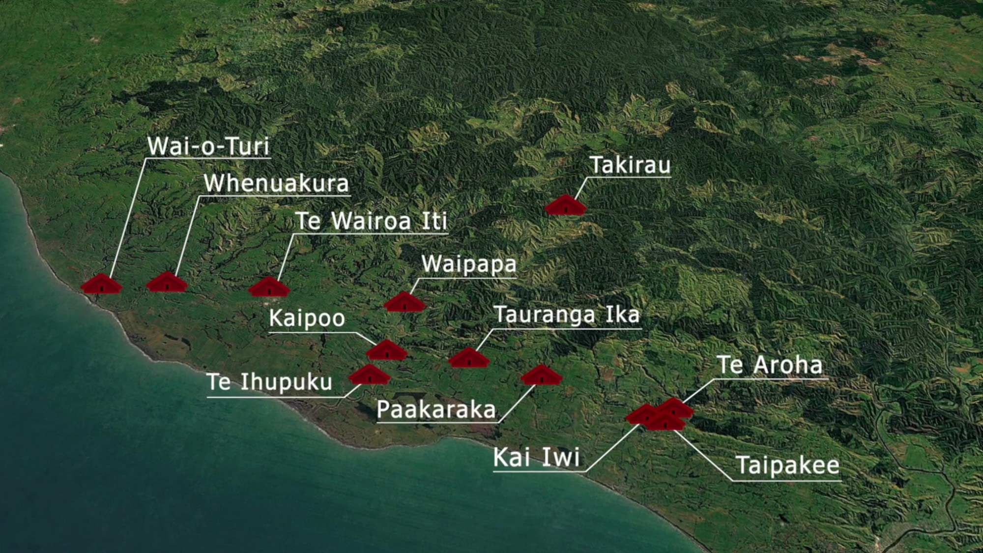 Map showing the loaction of 12 marae of Ngaa Rauru Kiitahi region