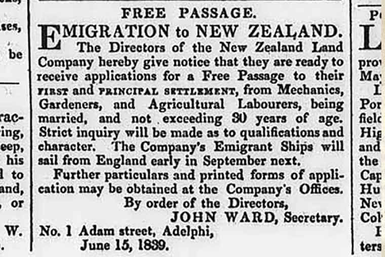 Newspaper clipping promoting 'Free passage. Emigration to New Zealand'.