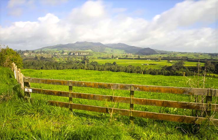 Wooden fence in the foreground with paddocks and mountain rising up in the background