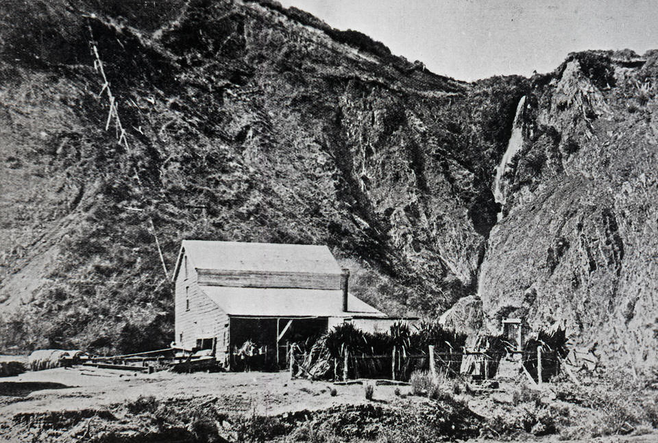 Flax mill near waterfall. Wairaka, Whakatane, Bay of Plenty. 1903.