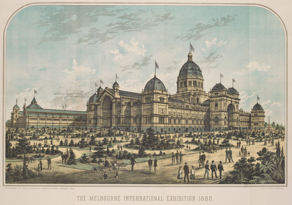 Melbourne International Exhibition at the Royal Exhibition Buildings, Australia, 1880–81. Lithograph by David Syme and Co. 1880