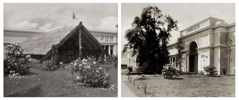 Mataatua displayed outside the New Zealand pavilion at the British Empire Exhibition, Wembley Stadium, London, 1924–25.