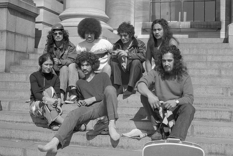 Group of young Māori on the steps of Parliament.