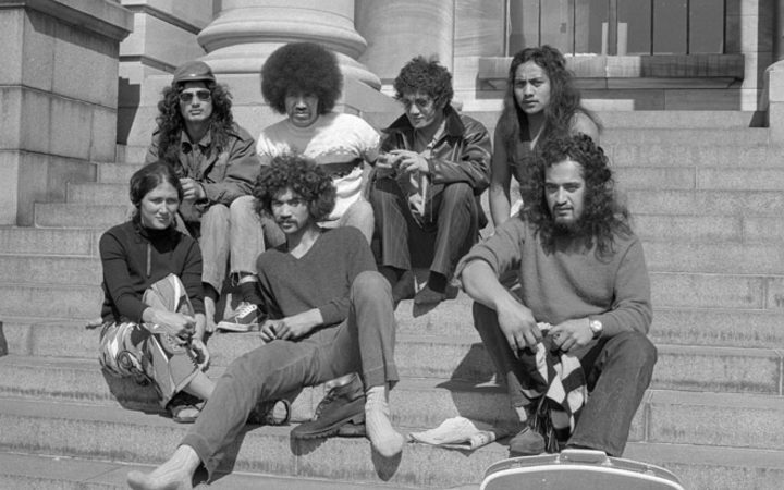 Ngā Tamatoa sitting on Parliament's steps