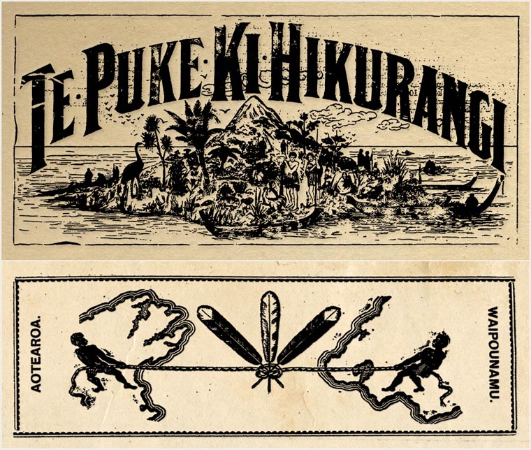 Maori on an island with flora and fauna and two people pulling on either end of a rope from Aotearoa (the North Island) and Waipounamu (the South Island). 
