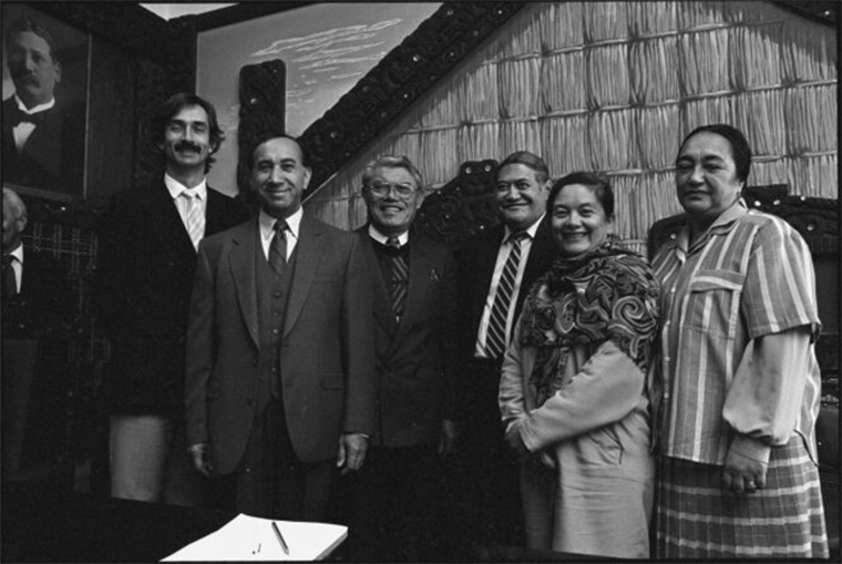 Takuta Ray Harlow, Ahorangi Timoti Karetu, Ta Kingi Matutaera Ihaka, Hon Koro Wetere, Katerina Te Heikoko, Mataira, Anita Moke standing next to each other