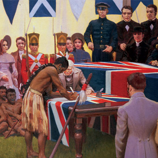 Depiction of Māori Chief signing the Treaty of Waitangi