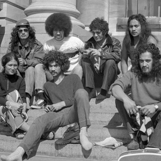 Māori petitioners on the steps of Parliament