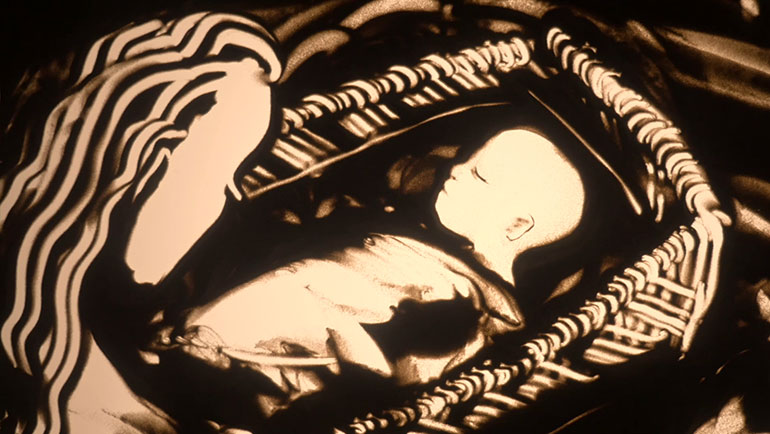 Stylised drawing of mother looking over a baby in a bassinet
