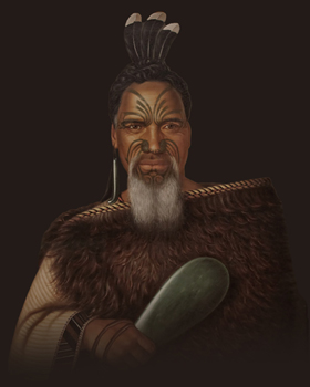 Portrait of Hitiri Te Paerata holding a mere pounamu.