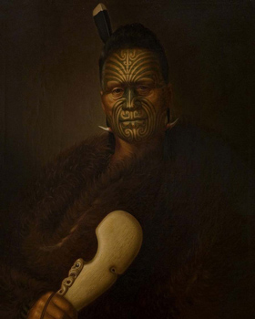 Portrait of Kīngi Tāwhiao holding a whalebone club.